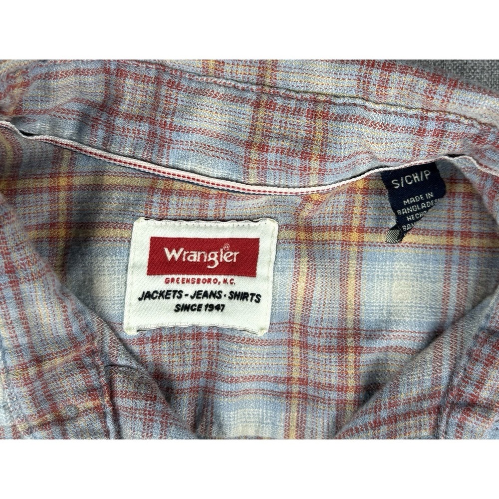 Wrangler Plaid Flannel Shirt Mens Small Blue Red Pearl Snap Western - Picture 3 of 12